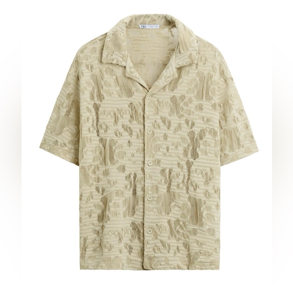 Zara Beige Short-Sleeve Textured Button-Down Shirt